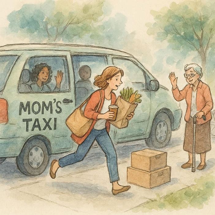 bing image creator prompt: moms taxi, busy mom, running errands, helping friends