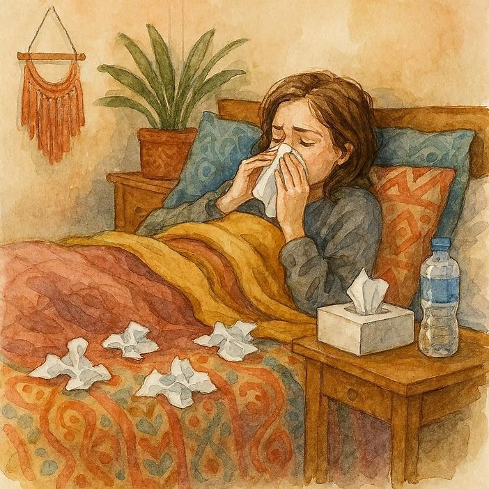 lady laying in bed with an illness. kleenex nearby, blankets and pillows, a bottle of water on the bedside table, cozy and colorful boho bedroom, watercolor sketch, created by Bing Image Creator